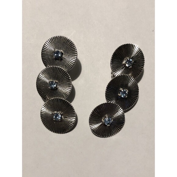 Vintage Signed CORO Rare Blue Rhinestones Silver Tone Metal Clip Earrings - Picture 6 of 7